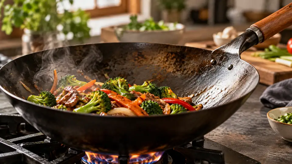 carbon steel wok with a colorful stir-fry on a stovetop
