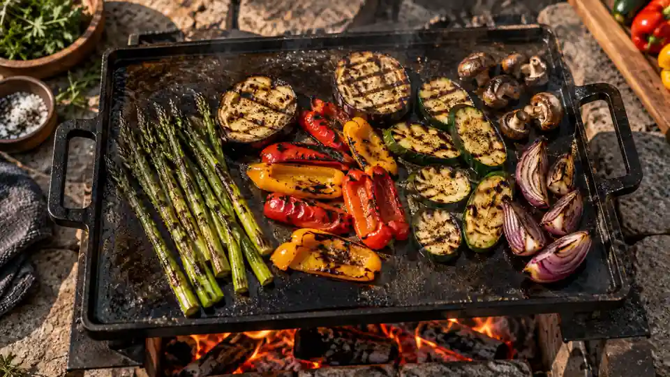 carbon steel grill plate over outdoor heat with grilled vegetables