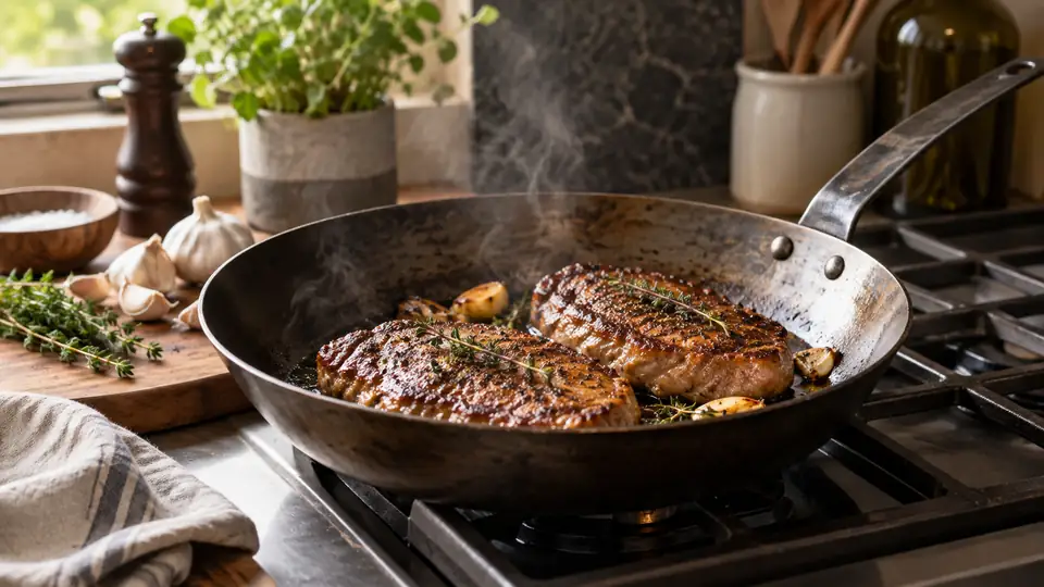 carbon steel pan in a realistic home kitchen cooking scene