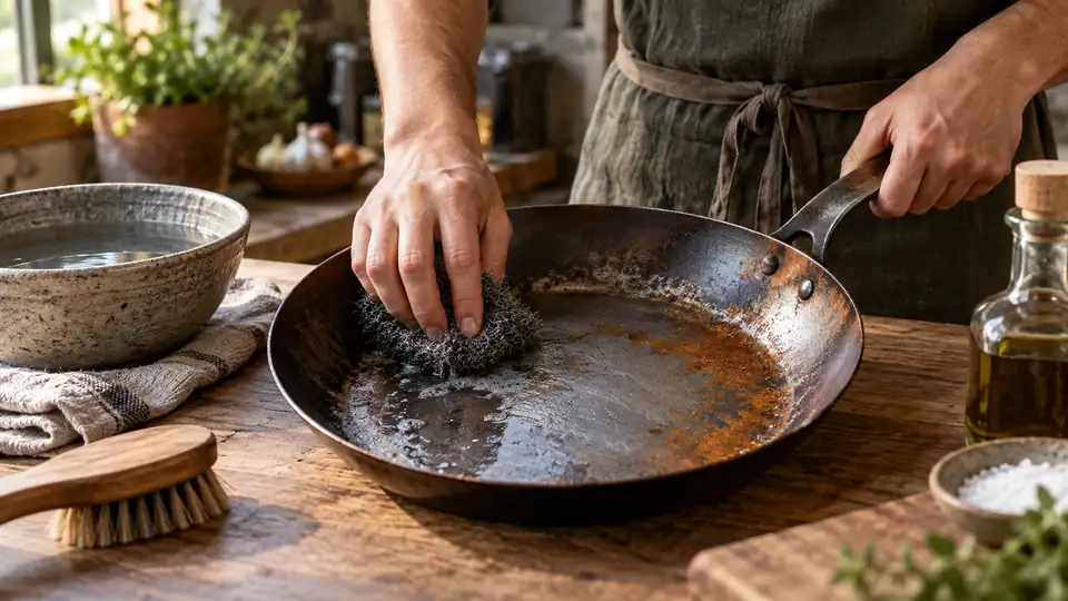 carbon steel cookware showing patina during a rust-restoration process