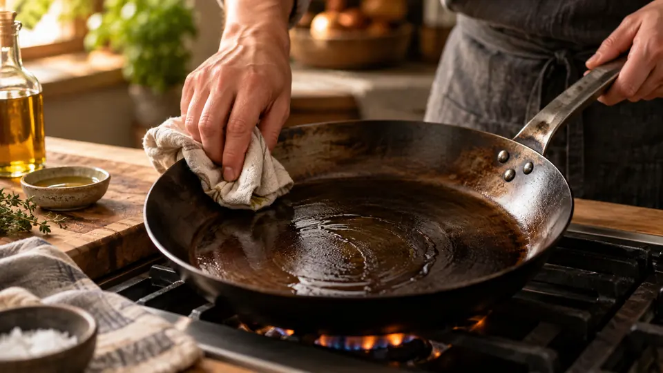 carbon steel pan being seasoned with a thin coat of oil on a stovetop