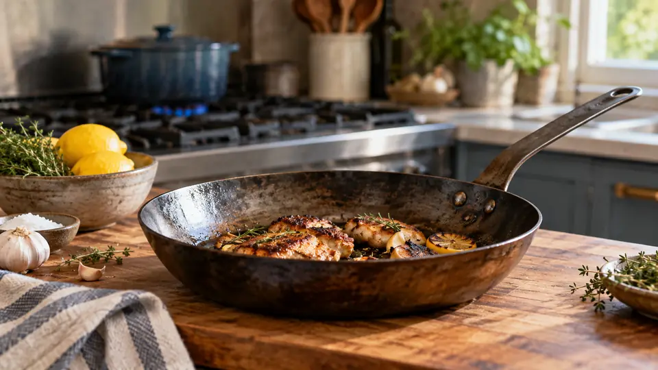 carbon steel pan in a realistic home kitchen cooking scene