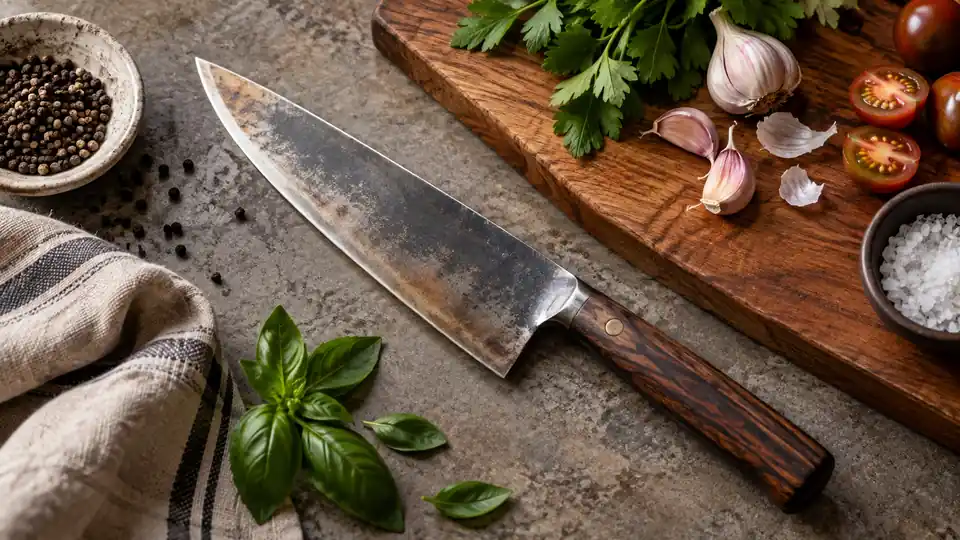 carbon steel kitchen knife beside fresh ingredients on a cutting board