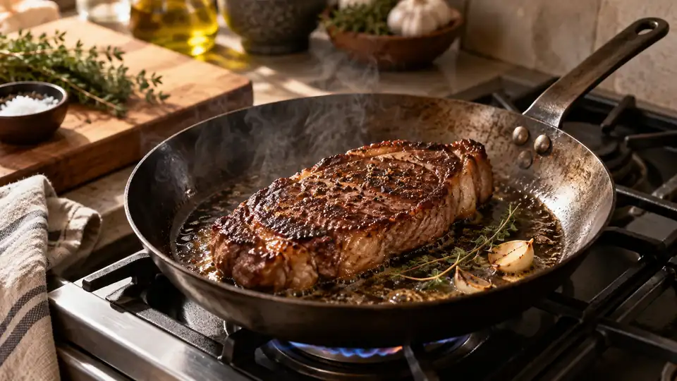 carbon steel skillet searing a steak with a browned crust