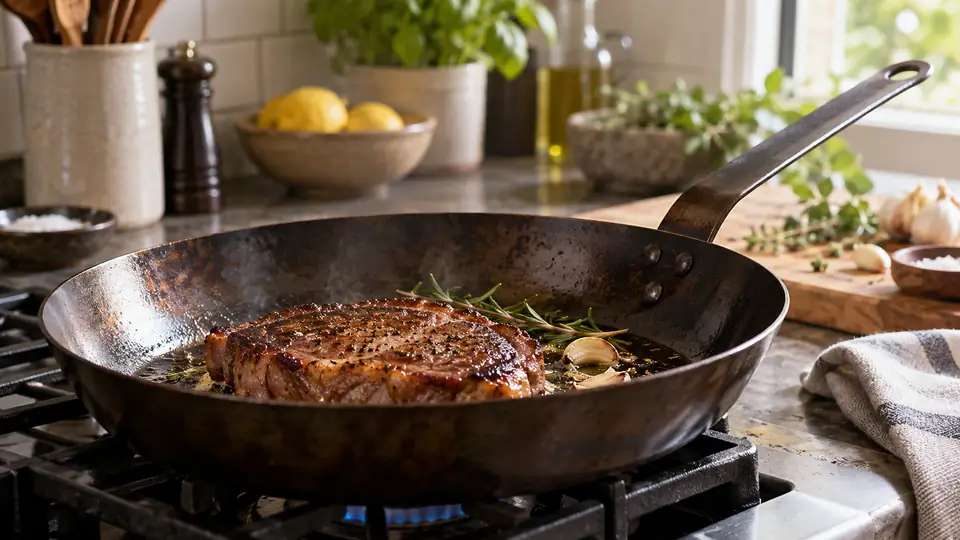 carbon steel pan in a realistic home kitchen cooking scene