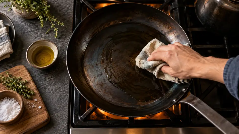 carbon steel pan being seasoned with a thin coat of oil on a stovetop