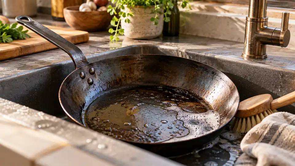 carbon steel pan being cleaned at a kitchen sink with a soft brush