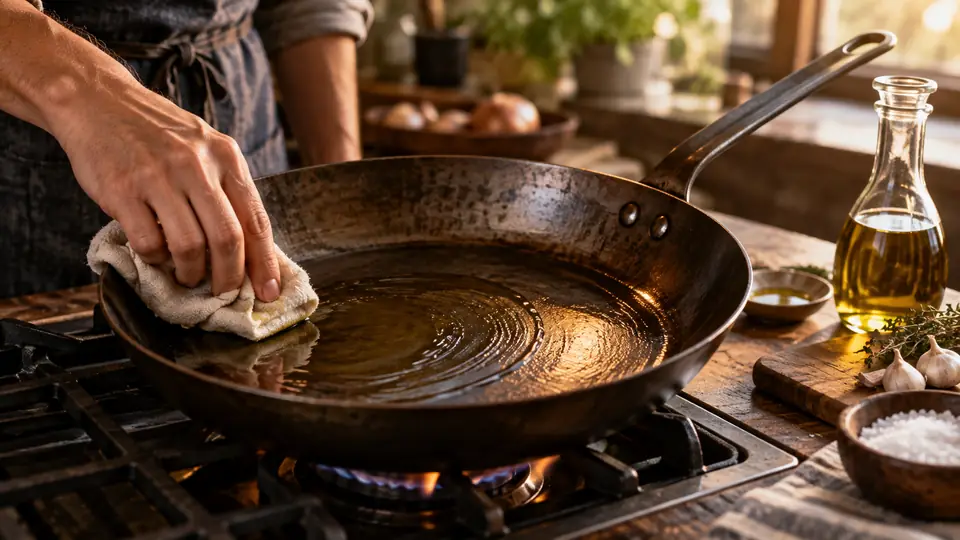 carbon steel pan being seasoned with a thin coat of oil on a stovetop