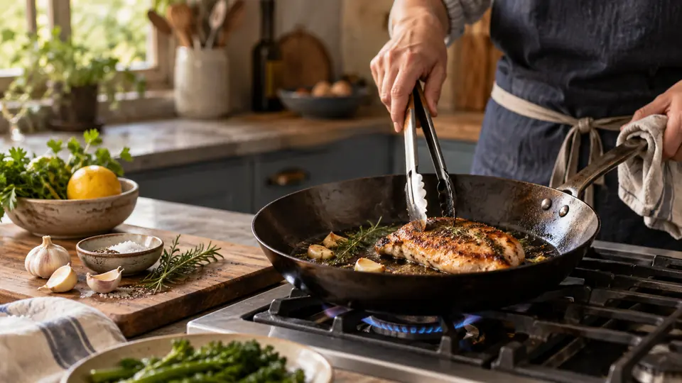 carbon steel pan in use with simple ingredients in an everyday kitchen
