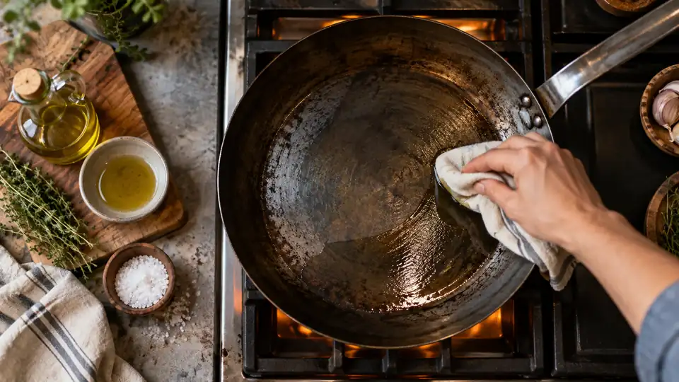 carbon steel pan being seasoned with a thin coat of oil on a stovetop
