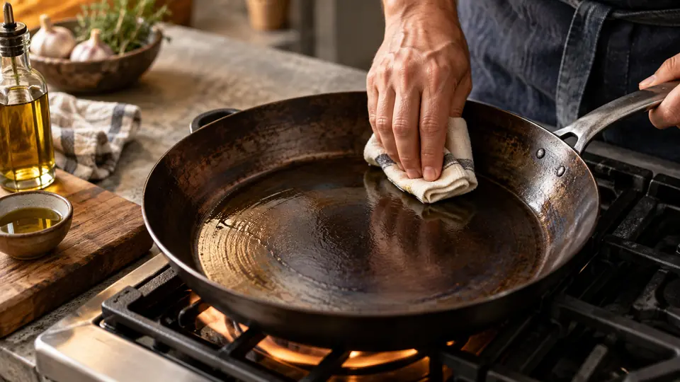 carbon steel pan being seasoned with a thin coat of oil on a stovetop