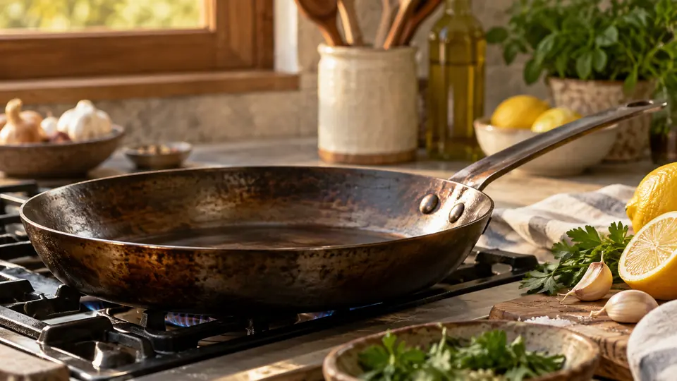 carbon steel pan in a realistic home kitchen cooking scene