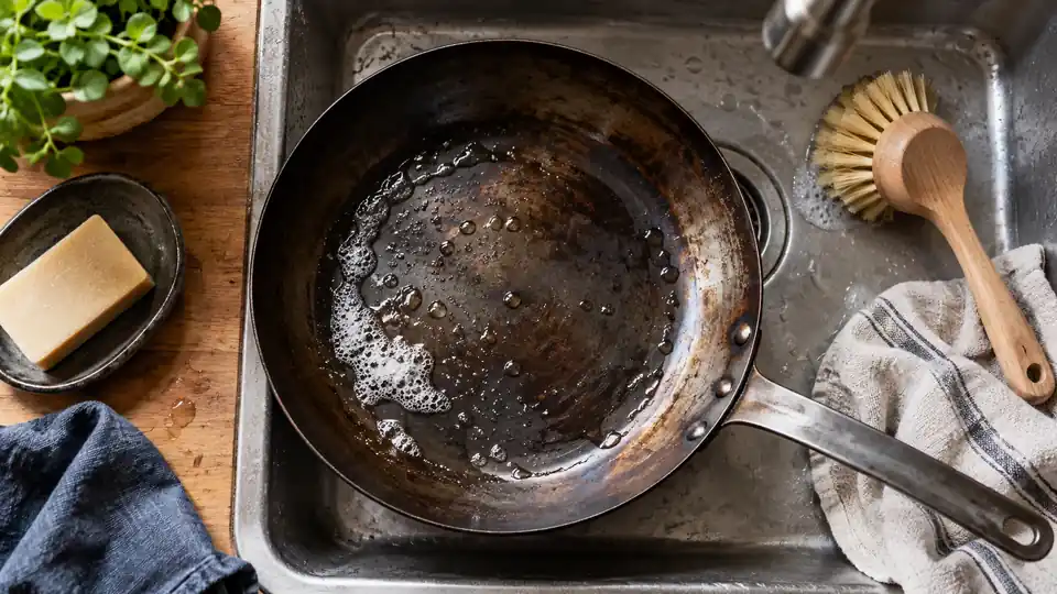 carbon steel pan being cleaned at a kitchen sink with a soft brush