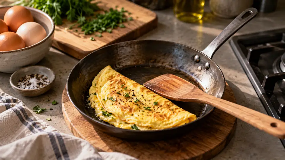 carbon steel omelette pan with a folded omelette and wooden spatula