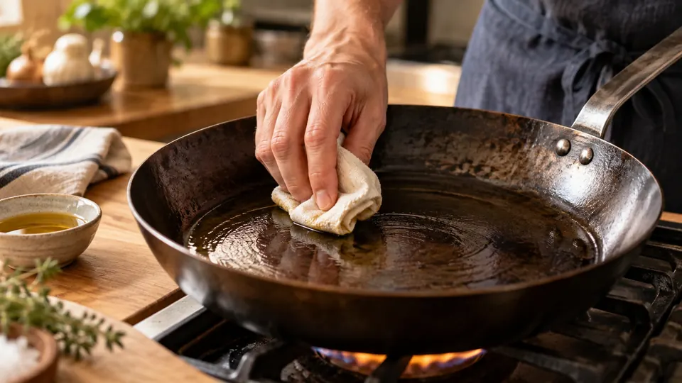 carbon steel pan being seasoned with a thin coat of oil on a stovetop