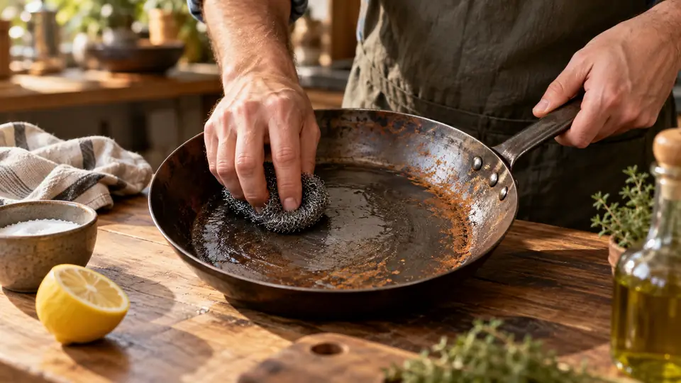 carbon steel cookware showing patina during a rust-restoration process