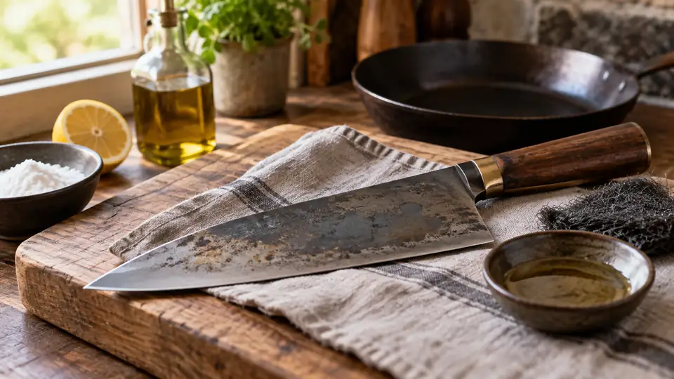 carbon steel cookware showing patina during a rust-restoration process