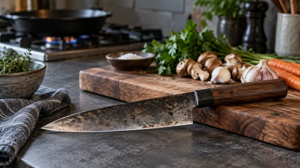 carbon steel kitchen knife beside fresh ingredients on a cutting board