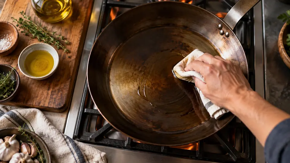carbon steel pan being seasoned with a thin coat of oil on a stovetop