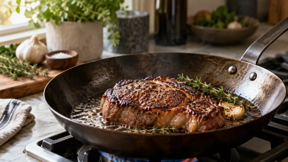 carbon steel skillet searing a steak with a browned crust