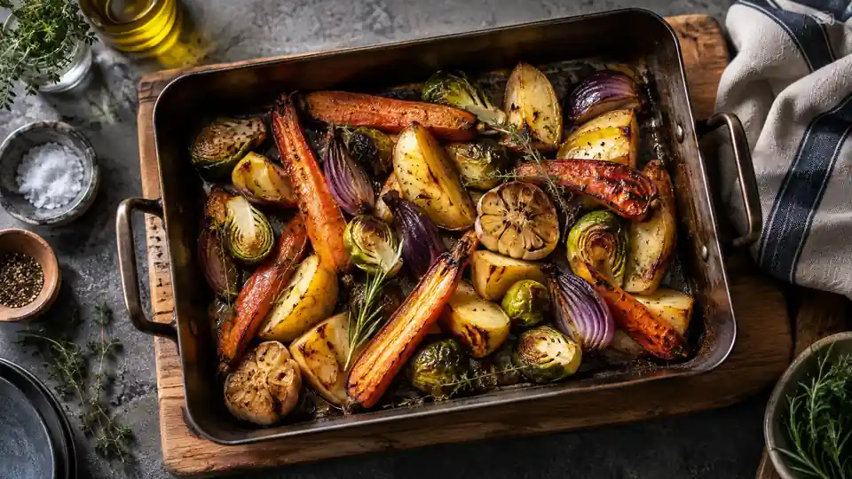 carbon steel roasting pan filled with golden roasted vegetables