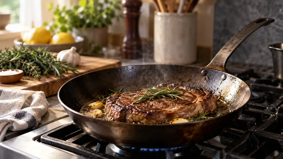 carbon steel pan in a realistic home kitchen cooking scene