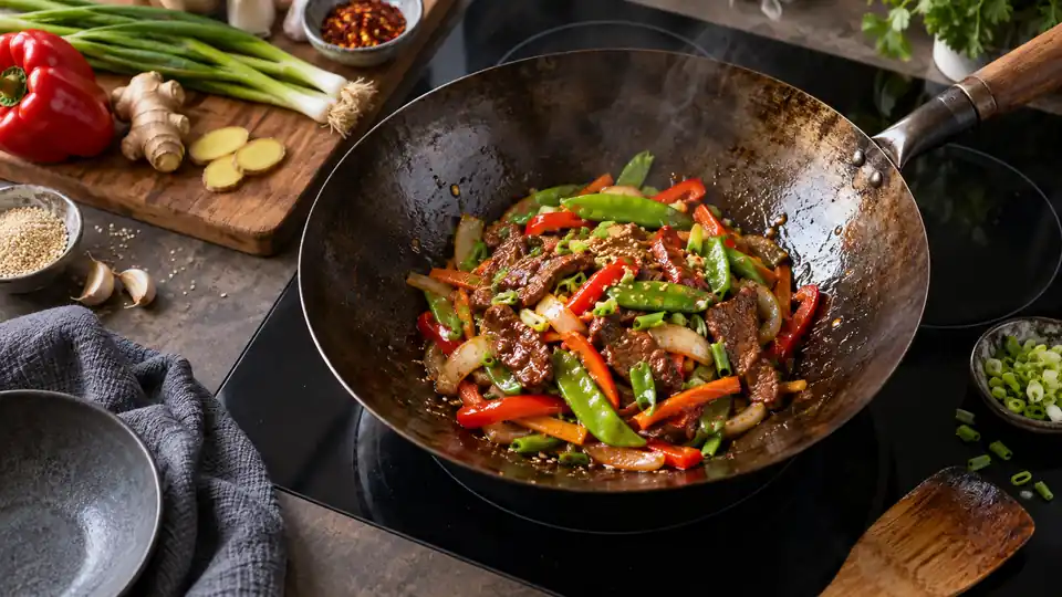 carbon steel wok with a colorful stir-fry on a stovetop