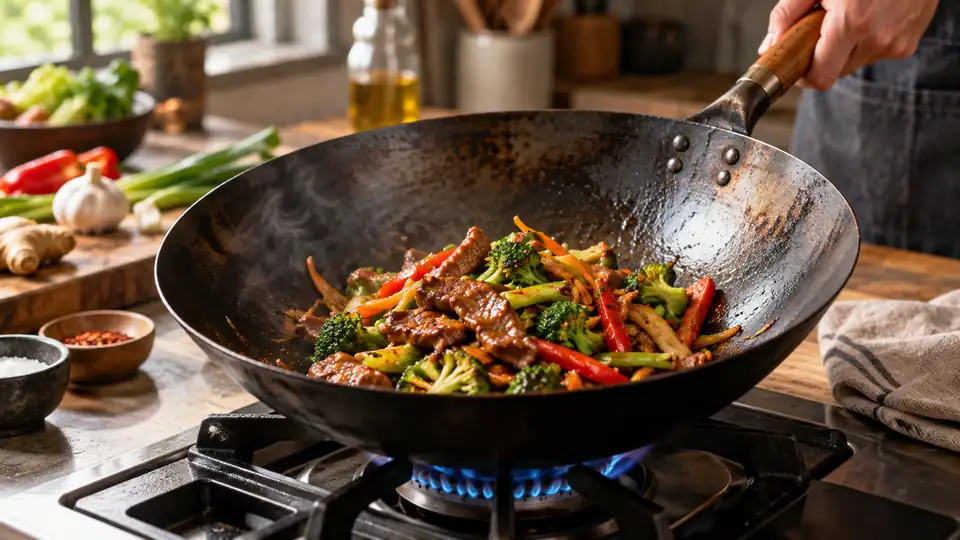 carbon steel wok with a colorful stir-fry on a stovetop