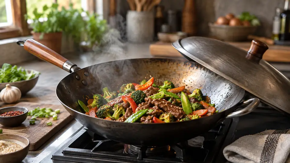 carbon steel wok with a colorful stir-fry on a stovetop