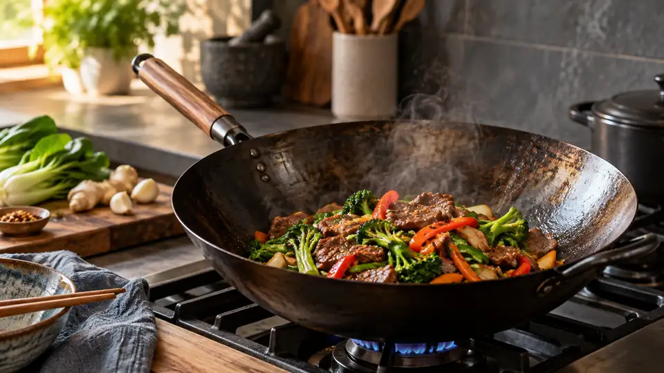 carbon steel wok with a colorful stir-fry on a stovetop