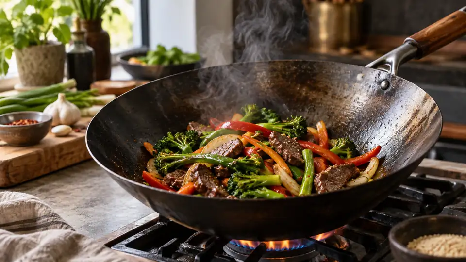 carbon steel wok with a colorful stir-fry on a stovetop