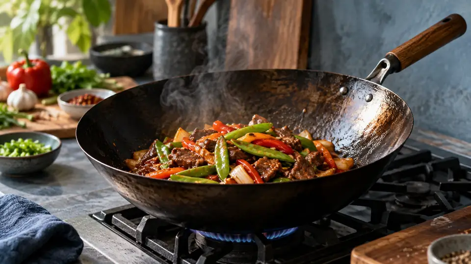 carbon steel wok with a colorful stir-fry on a stovetop