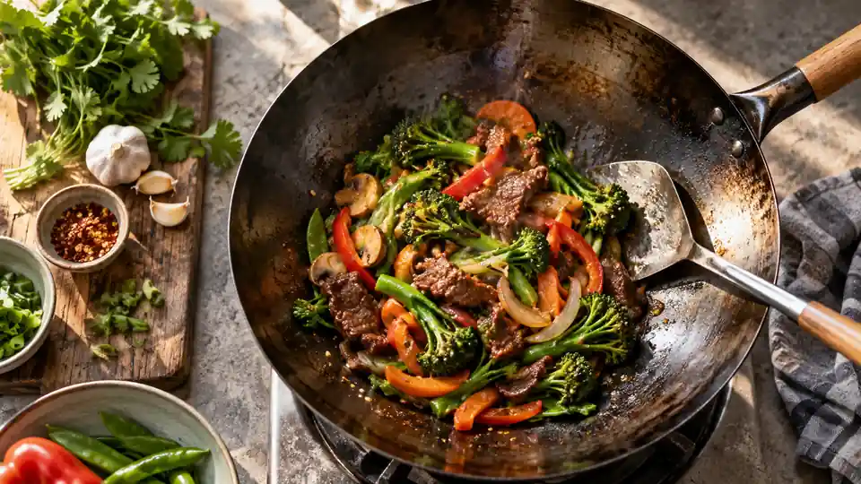 carbon steel wok with a colorful stir-fry on a stovetop