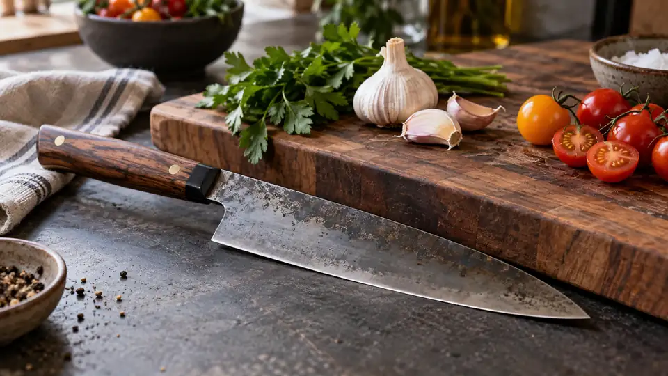 carbon steel kitchen knife beside fresh ingredients on a cutting board