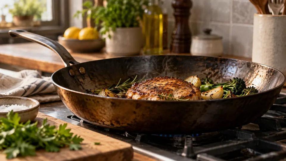 carbon steel pan in a realistic home kitchen cooking scene