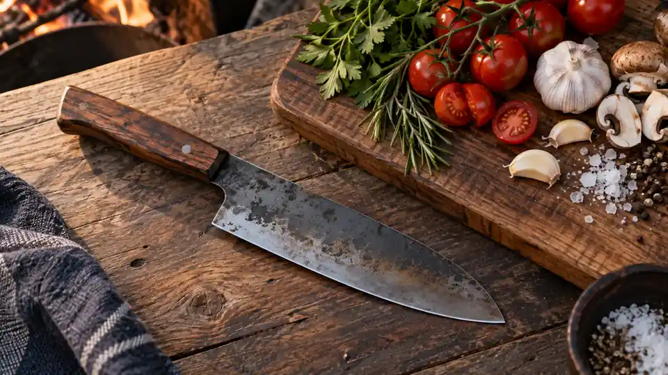 carbon steel kitchen knife beside fresh ingredients on a cutting board
