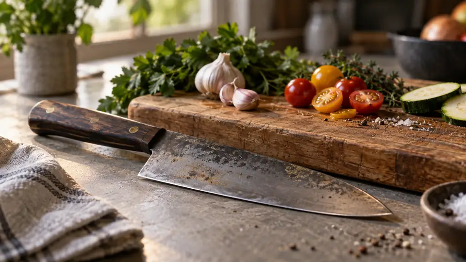 carbon steel kitchen knife beside fresh ingredients on a cutting board