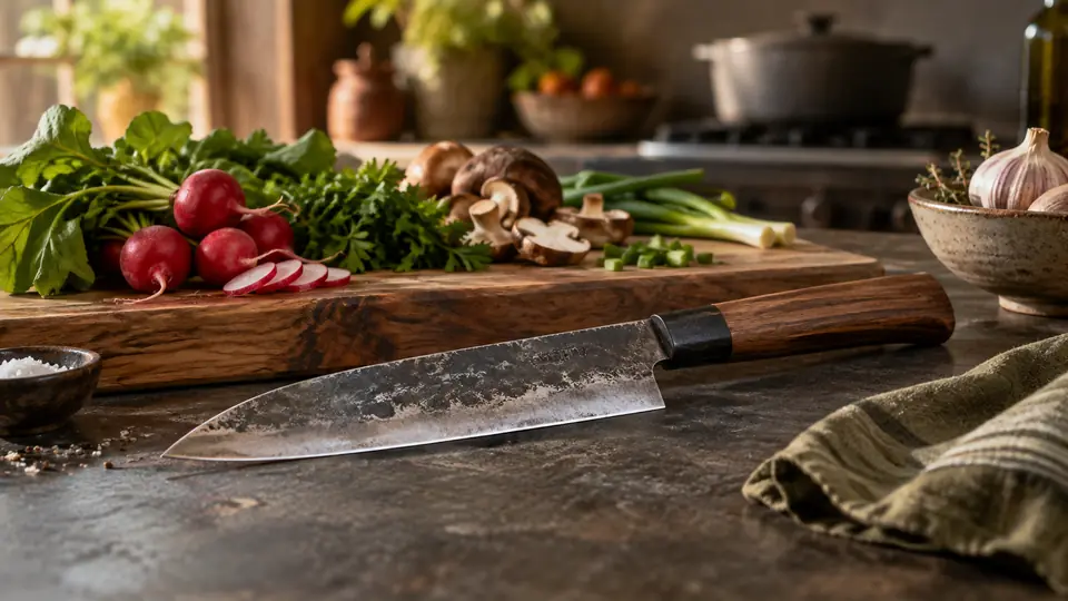 carbon steel kitchen knife beside fresh ingredients on a cutting board