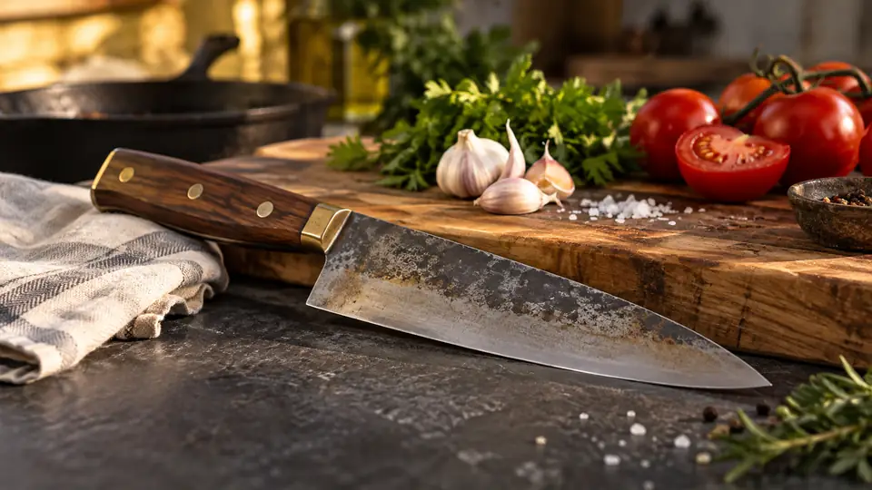 carbon steel kitchen knife beside fresh ingredients on a cutting board