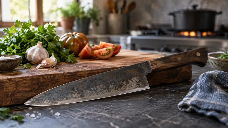 carbon steel kitchen knife beside fresh ingredients on a cutting board