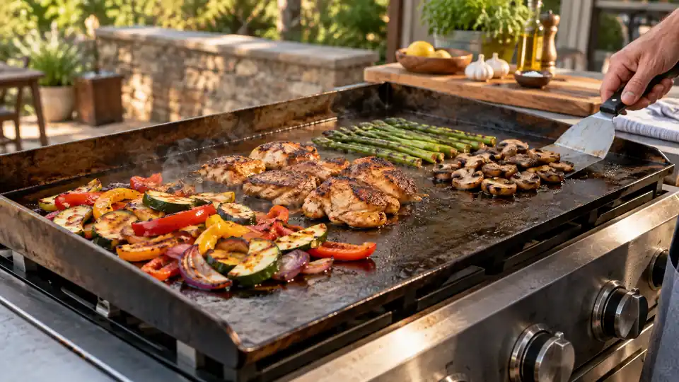 broad carbon steel griddle cooking vegetables and seared food