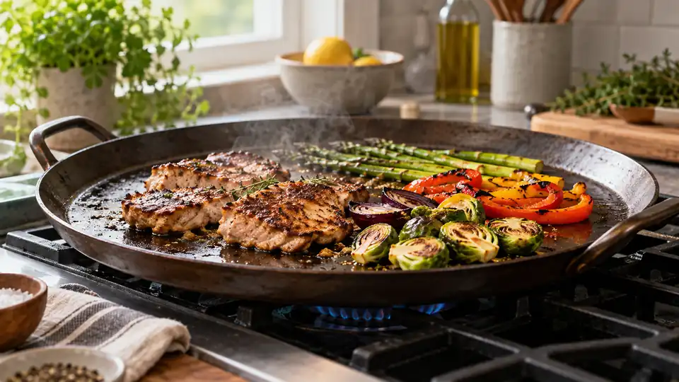 broad carbon steel griddle cooking vegetables and seared food