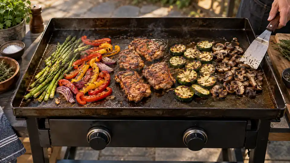 broad carbon steel griddle cooking vegetables and seared food